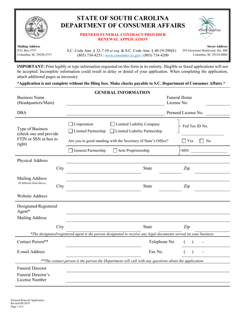 Preneed Funeral Contract Provider Renewal Application - South Carolina Download Pdf