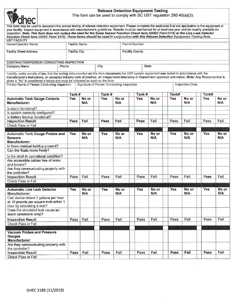 DHEC Form 3188 Release Detection Equipment Testing - South Carolina, Page 1