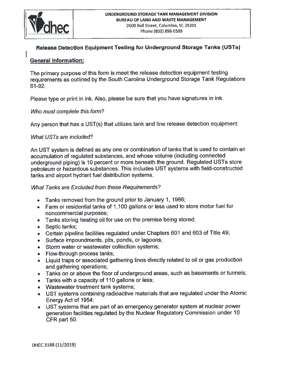 DHEC Form 3188 Release Detection Equipment Testing - South Carolina, Page 3