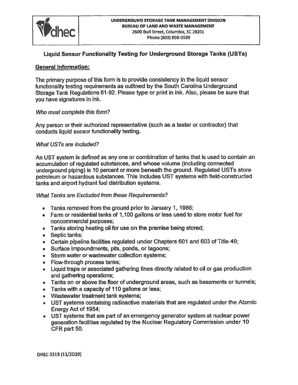 DHEC Form 3318 Liquid Sensor Functionality Testing - South Carolina, Page 2