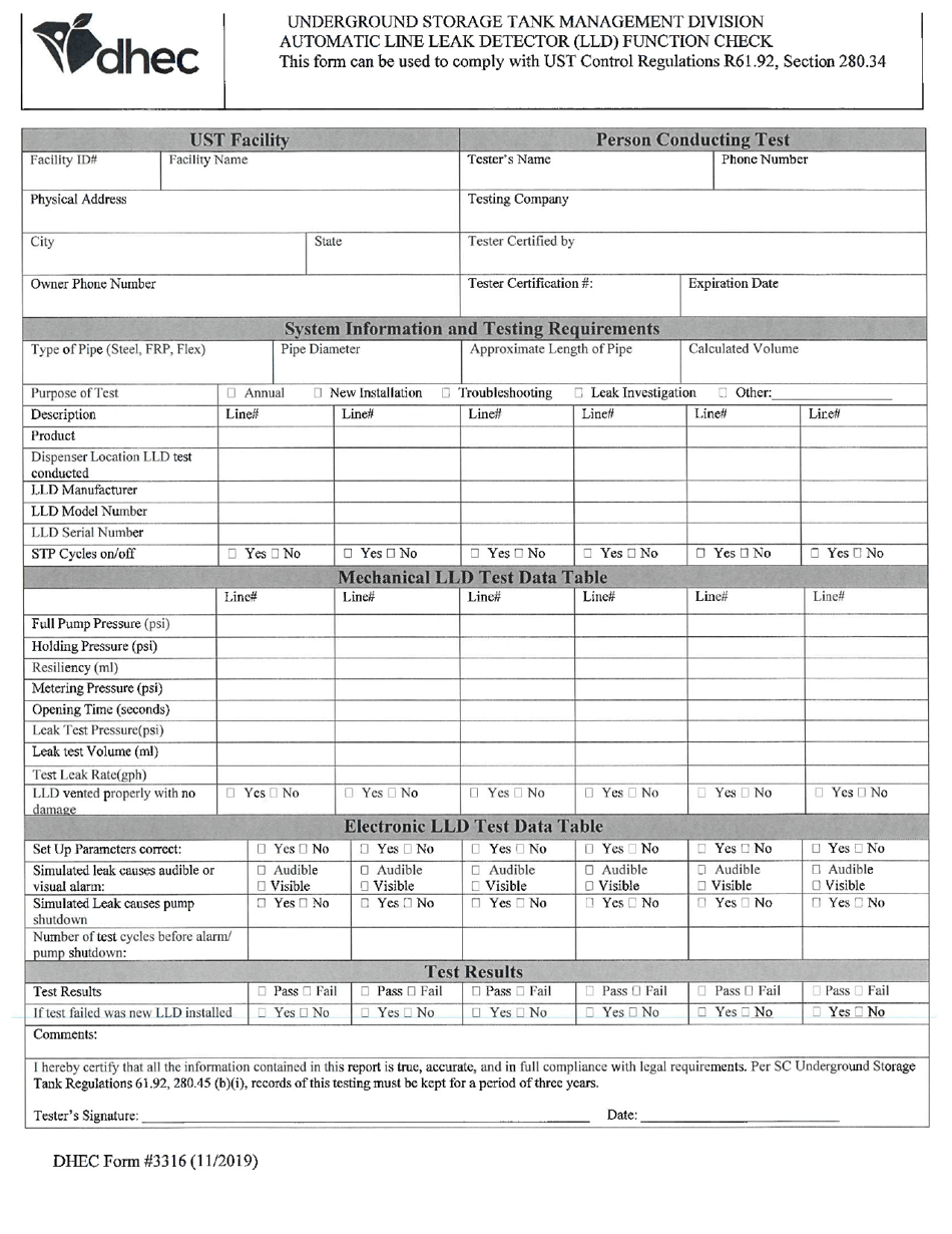 DHEC Form 3316 Automatic Line Leak Detector (Lld) Function Check - South Carolina, Page 1