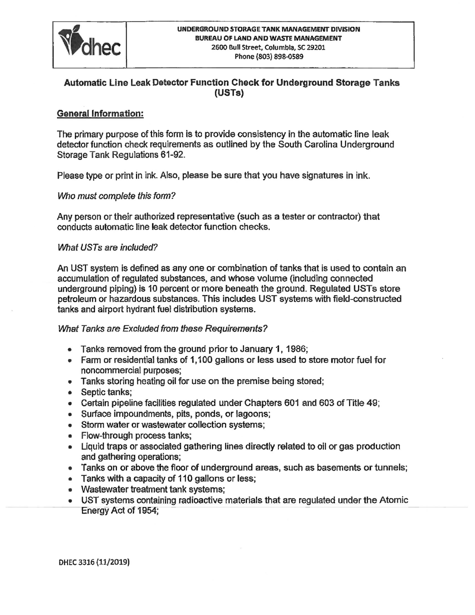 DHEC Form 3316 Automatic Line Leak Detector (Lld) Function Check - South Carolina, Page 2