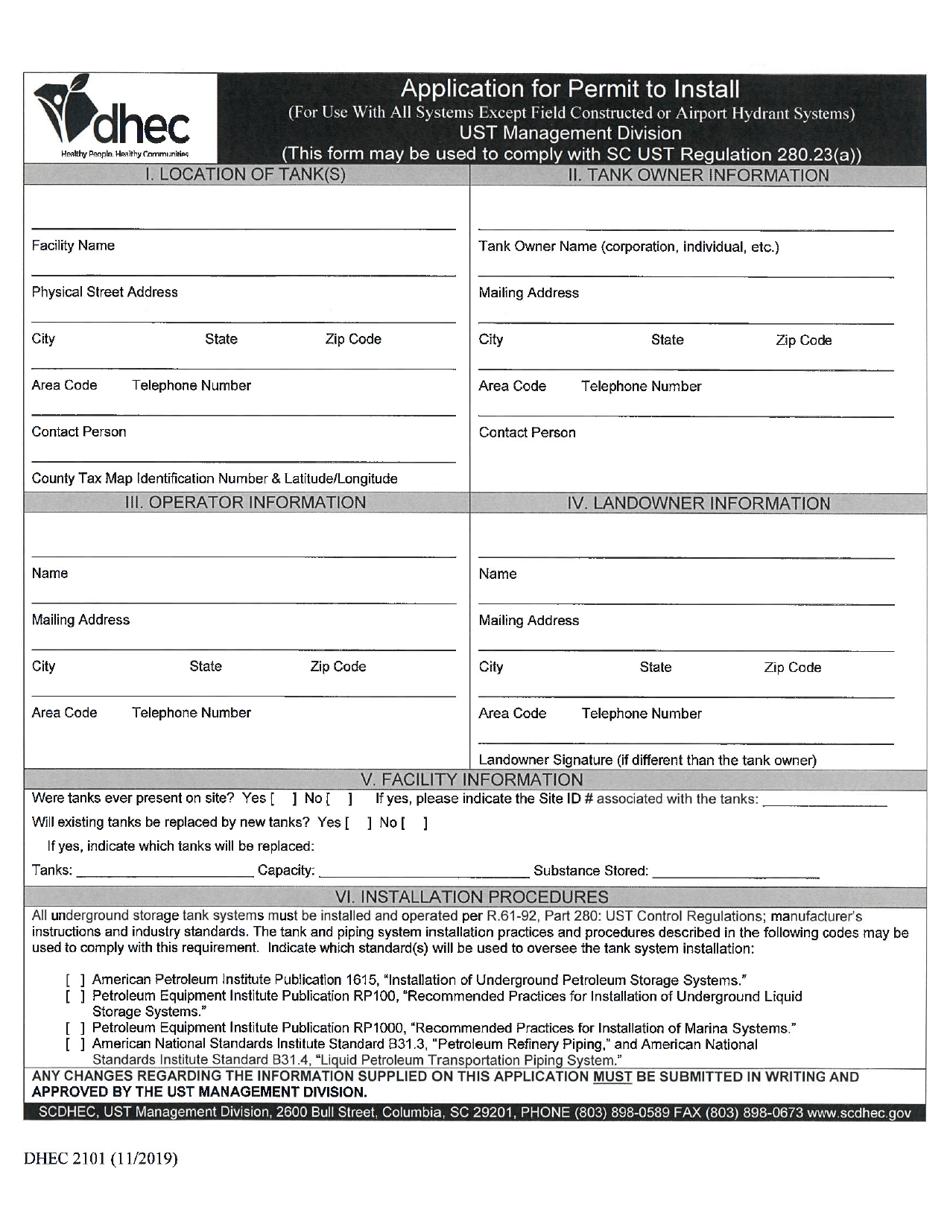 DHEC Form 2101 Download Printable PDF or Fill Online Application for