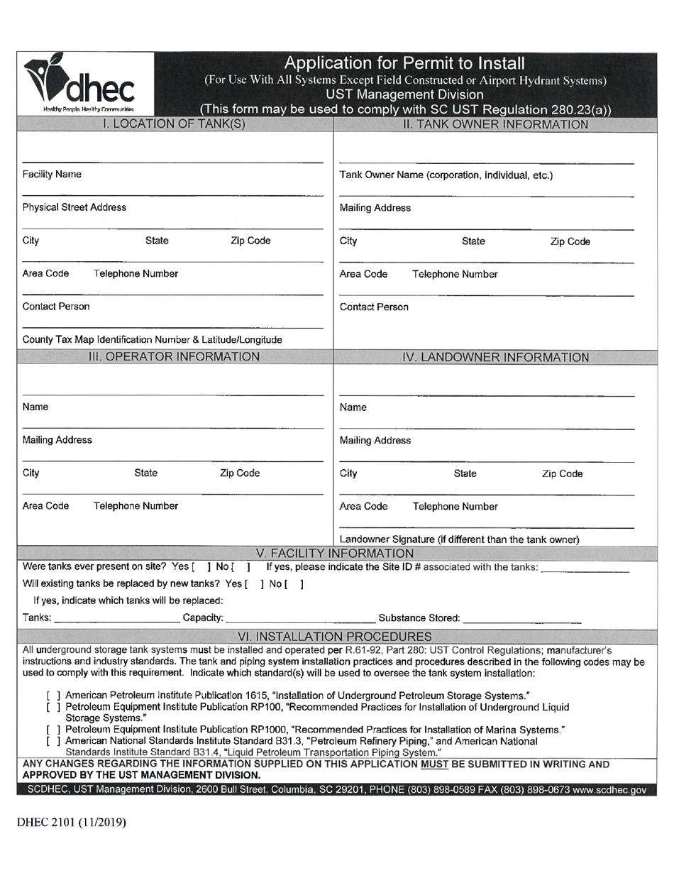 DHEC Form 2101 Application for Permit to Install - South Carolina, Page 1