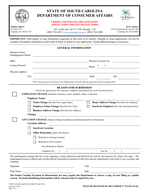 Credit Counseling Organization Application Update / Change Form - South Carolina Download Pdf