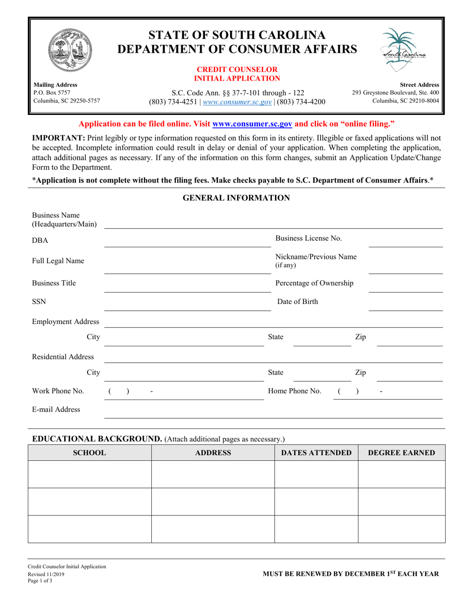 Credit Counselor Initial Application - South Carolina, Page 1