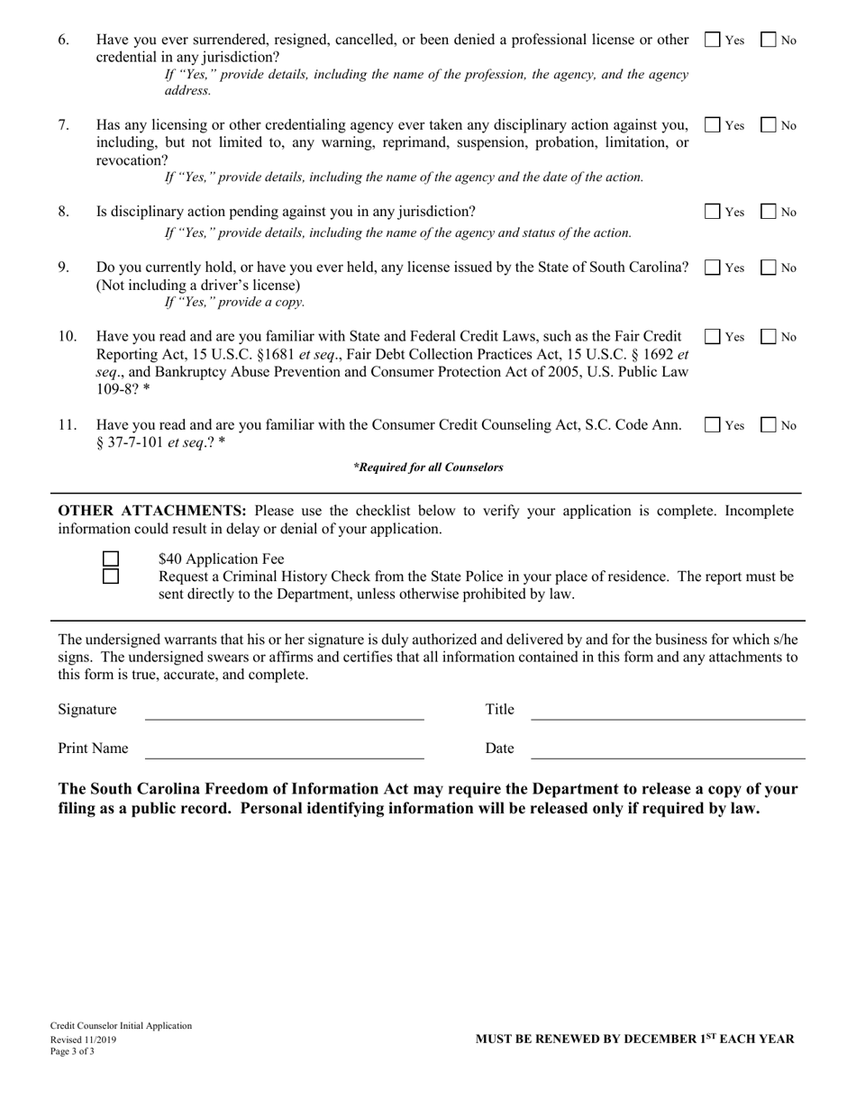 Credit Counselor Initial Application - South Carolina, Page 3