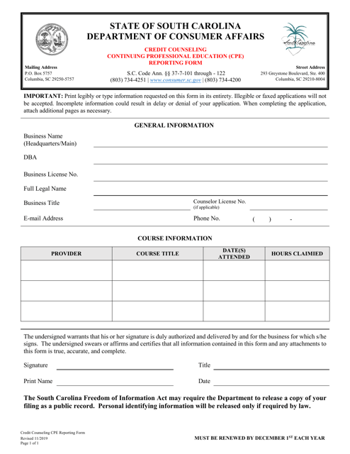 Credit Counseling Continuing Professional Education (Cpe) Reporting Form - South Carolina Download Pdf