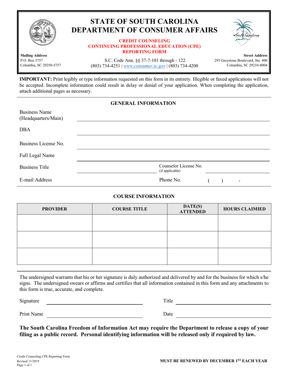 Credit Counseling Continuing Professional Education (Cpe) Reporting Form - South Carolina, Page 1
