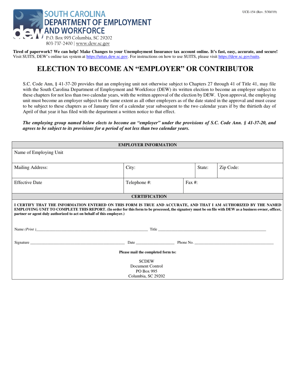 Form UCE-154 Election to Become an employer or Contributor - South Carolina, Page 1