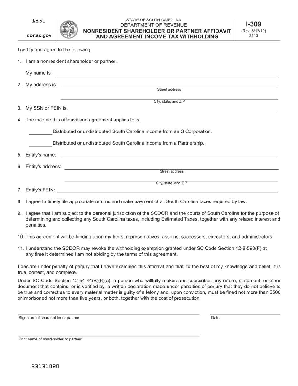 Form I-309 Nonresident Shareholder or Partner Affidavit and Agreement Income Tax Withholding - South Carolina, Page 1
