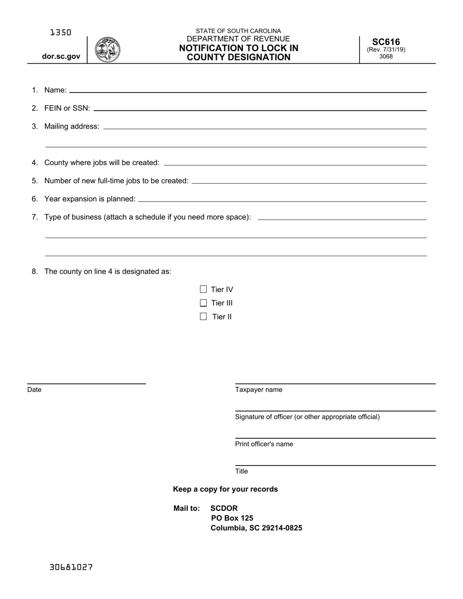 Form SC616 Notification to Lock in County Designation - South Carolina, Page 1