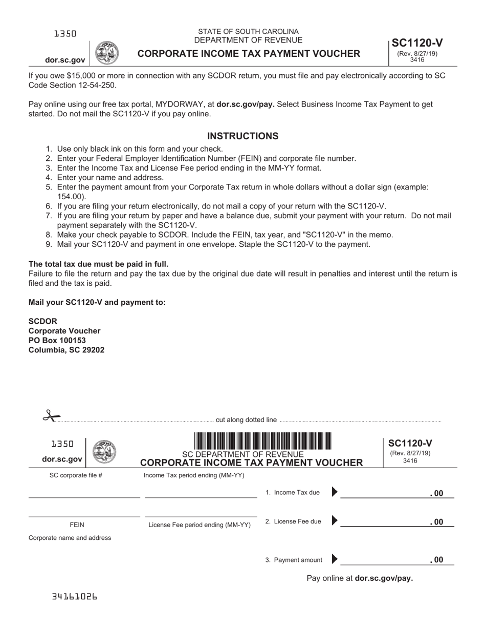 Form SC1120-V Corporate Income Tax Payment Voucher - South Carolina, Page 1