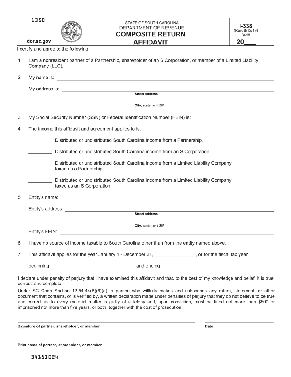 Form I-338 Composite Return Affidavit - South Carolina, Page 1