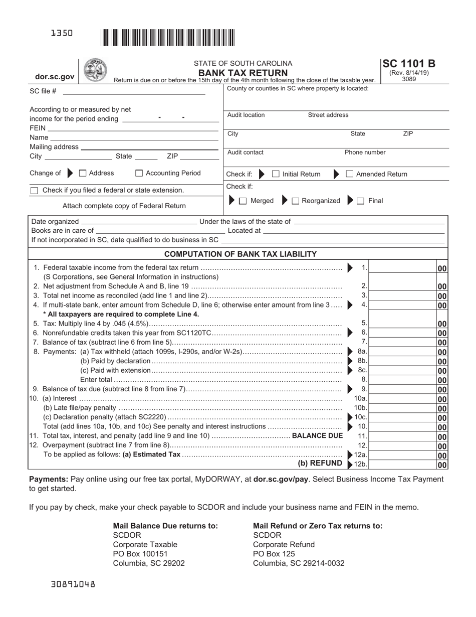 Form SC1101 B Bank Tax Return - South Carolina, Page 1