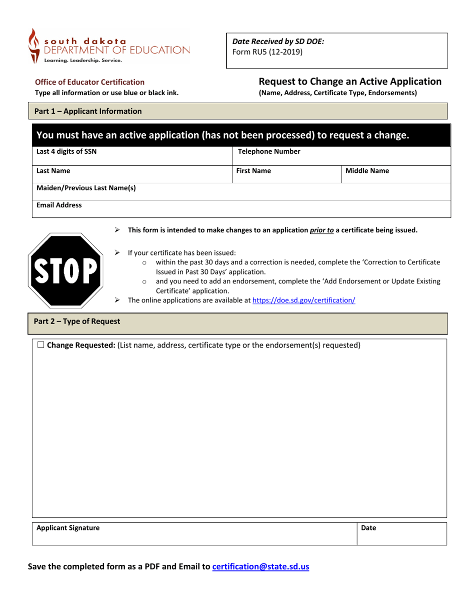 Form RU5 Request to Change an Active Application - South Dakota, Page 1