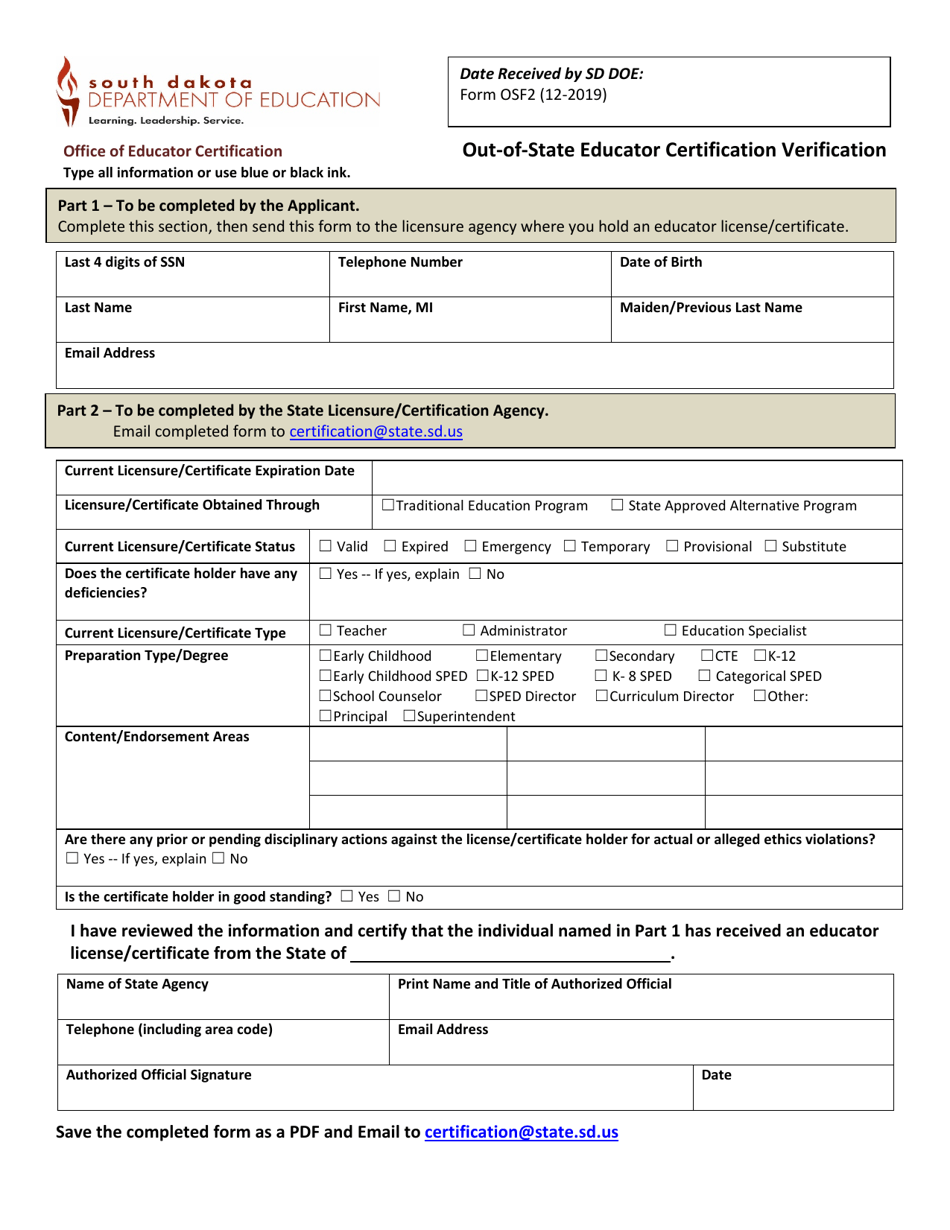 Form OSF2 Out-of-State Educator Certification Verification - South Dakota, Page 1