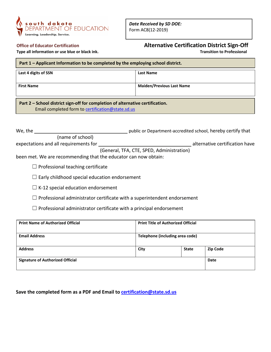 Form AC8 Alternative Certification District Sign-Off - Transition to Professional - South Dakota, Page 1
