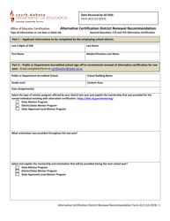 Document preview: Form AC2 Alternative Certification District Renewal Recommendation - General Education, Cte and Tfa Alternative Certification - South Dakota