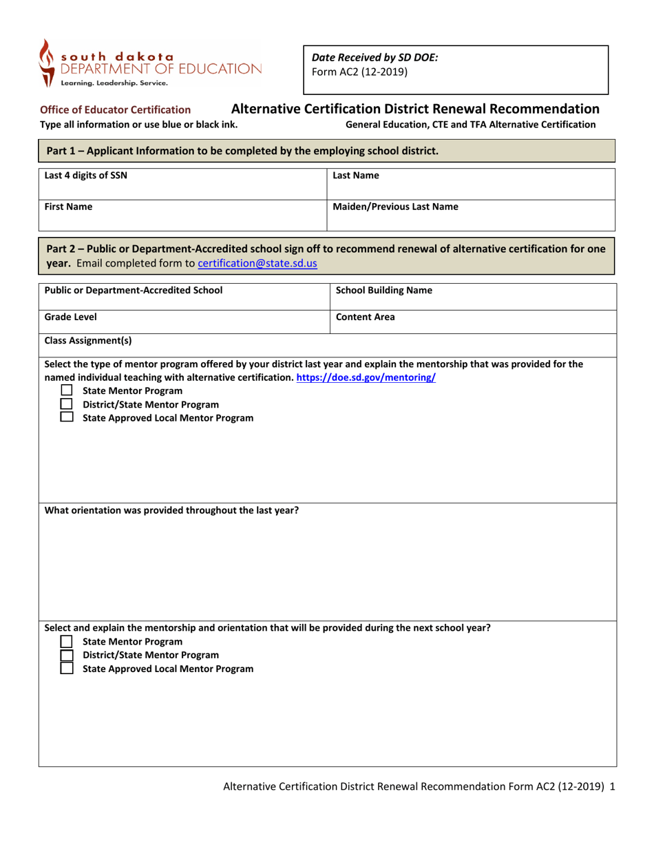 Form AC2 Alternative Certification District Renewal Recommendation - General Education, Cte and Tfa Alternative Certification - South Dakota, Page 1