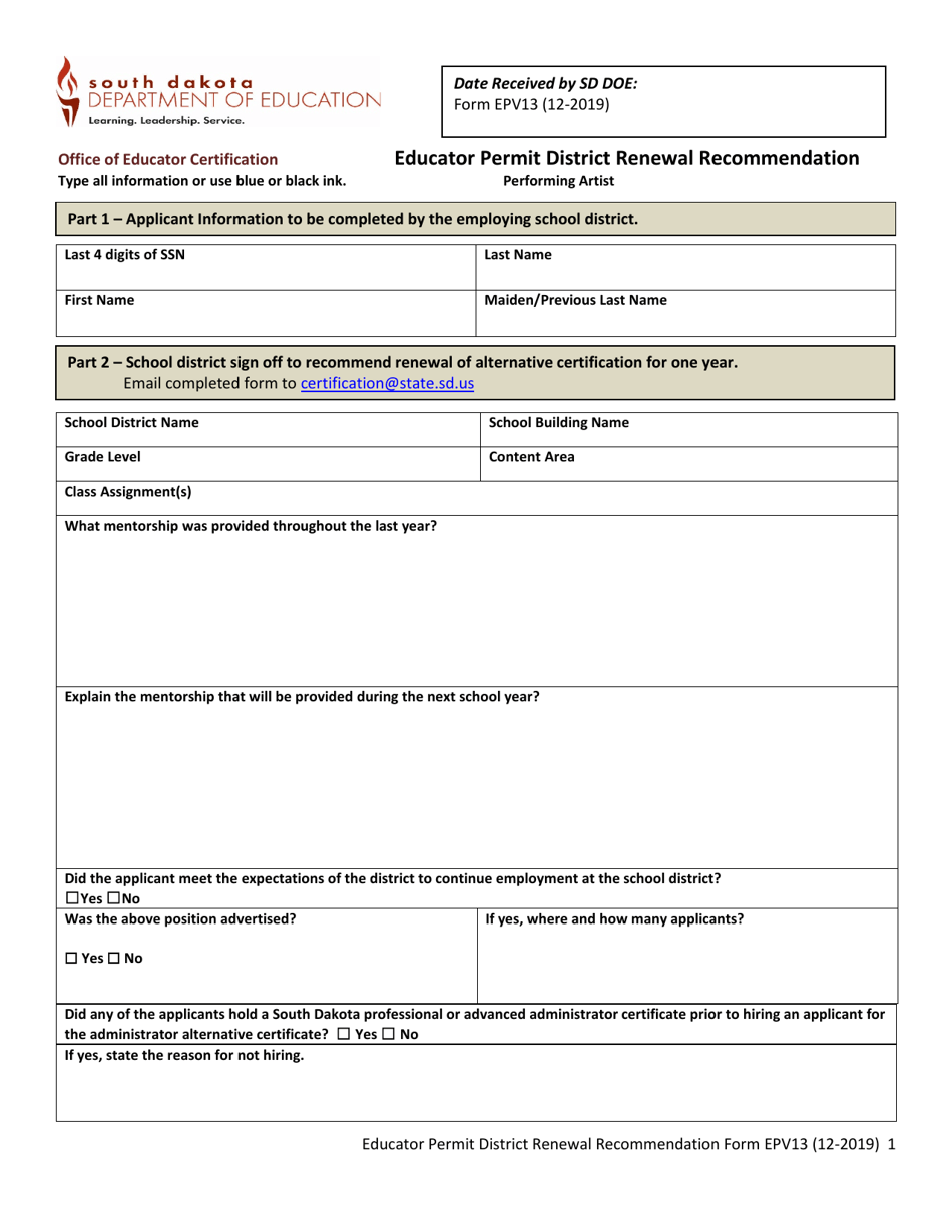 Form EPV13 Educator Permit District Renewal Recommendation - Performing Artist - South Dakota, Page 1