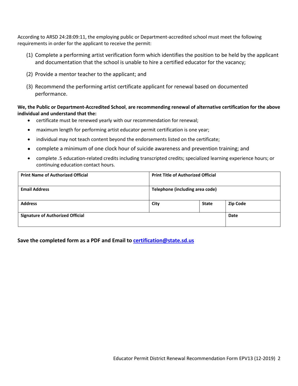 Form EPV13 Educator Permit District Renewal Recommendation - Performing Artist - South Dakota, Page 2