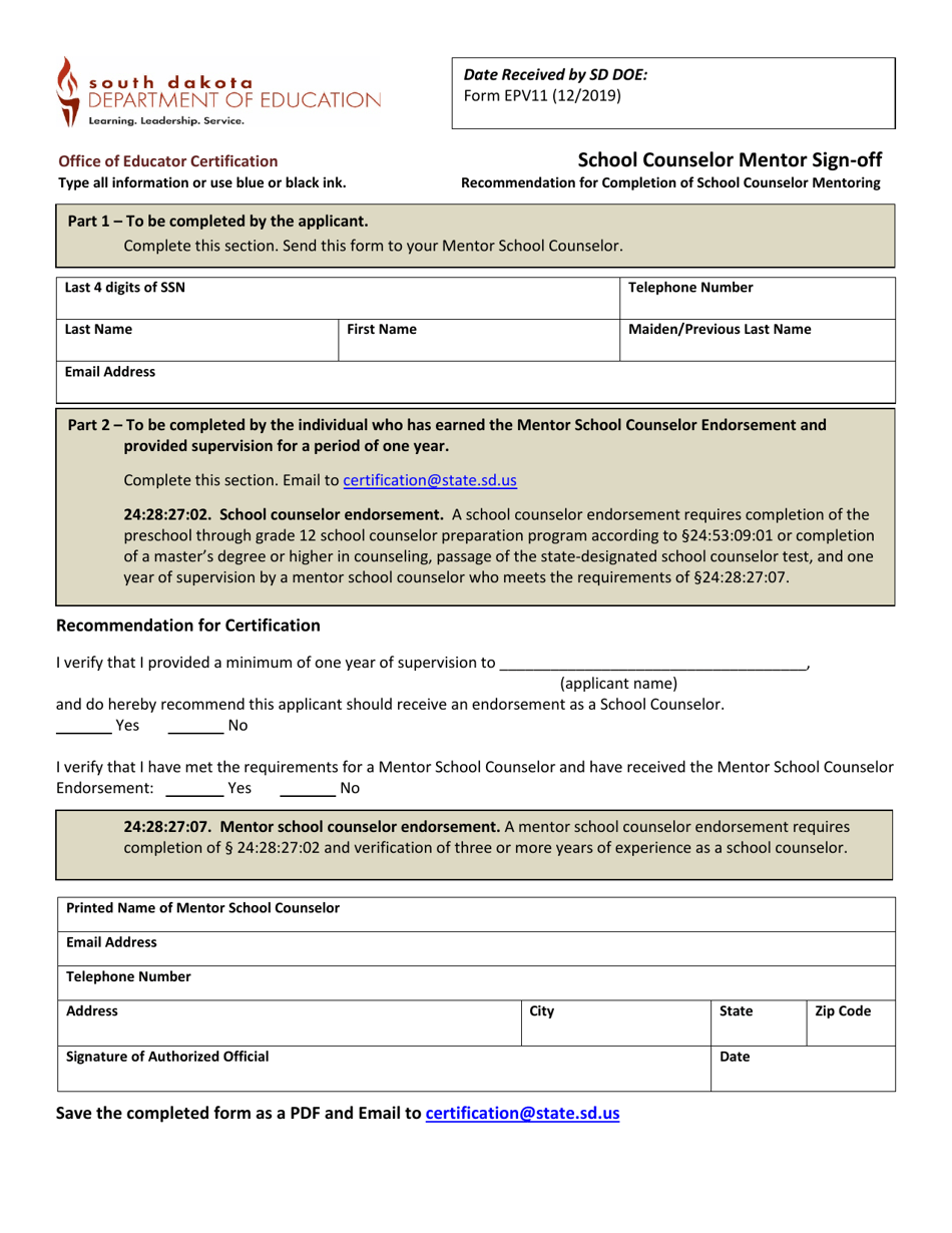 Form EPV11 Download Fillable PDF or Fill Online School Counselor Mentor
