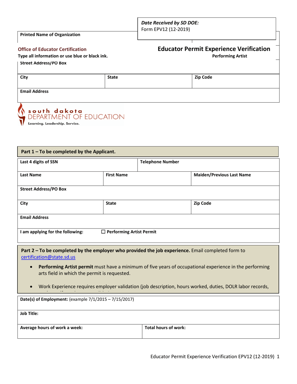 Form EPV12 Educator Permit Experience Verification - Performing Artist - South Dakota, Page 1