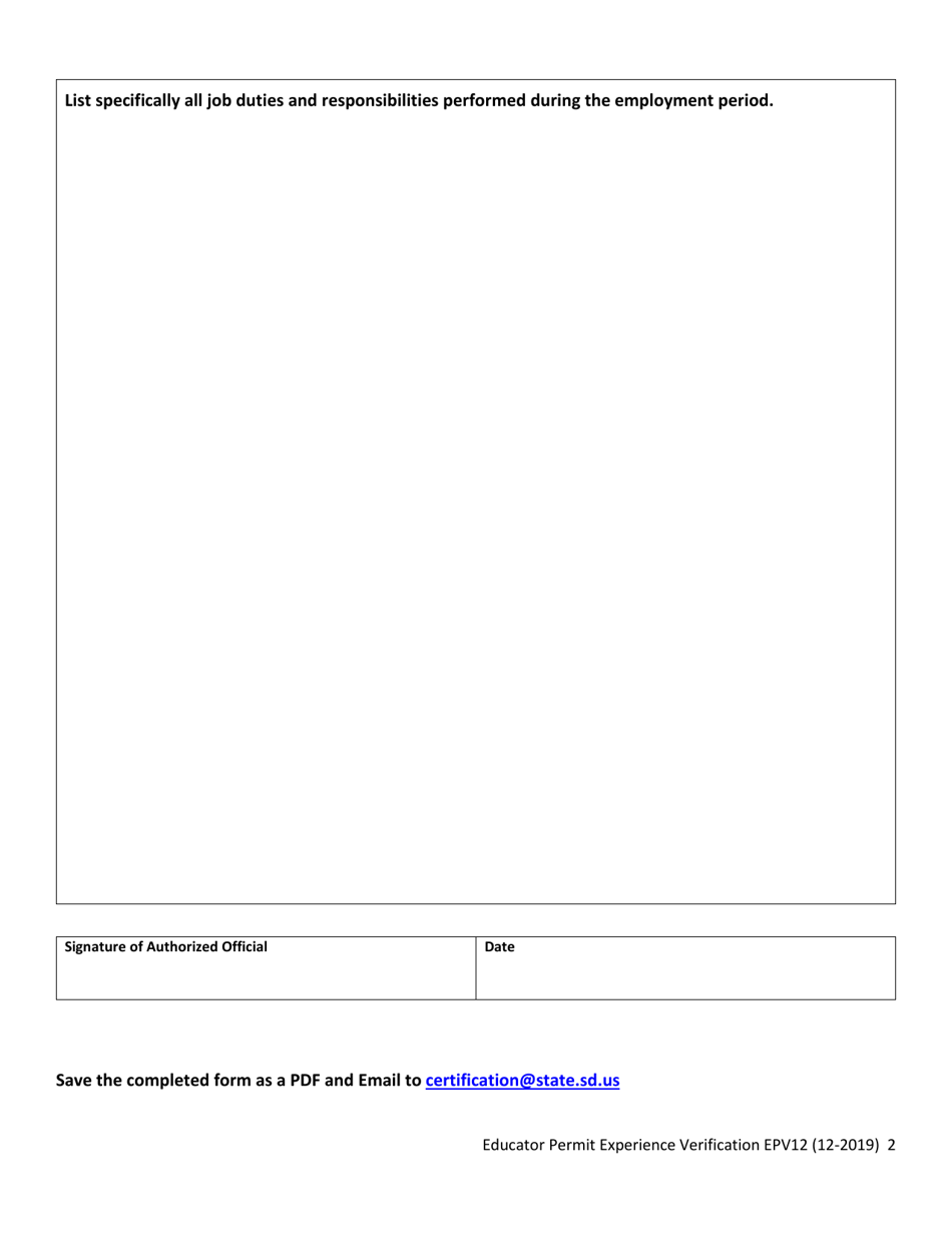 Form EPV12 Educator Permit Experience Verification - Performing Artist - South Dakota, Page 2