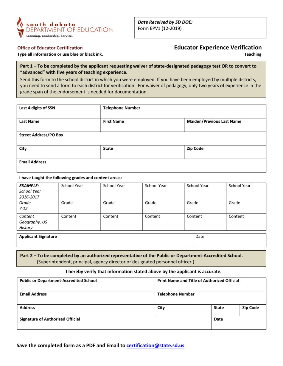 Form Epv1 Download Fillable Pdf Or Fill Online Educator Experience Verification Teaching South 3600