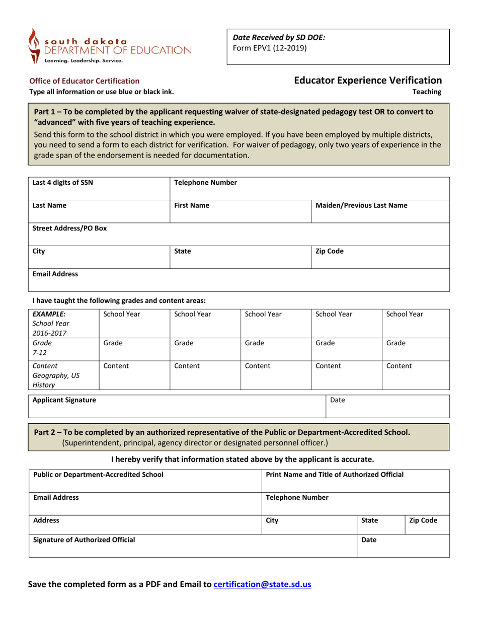 Form EPV1 Educator Experience Verification - Teaching - South Dakota, Page 1