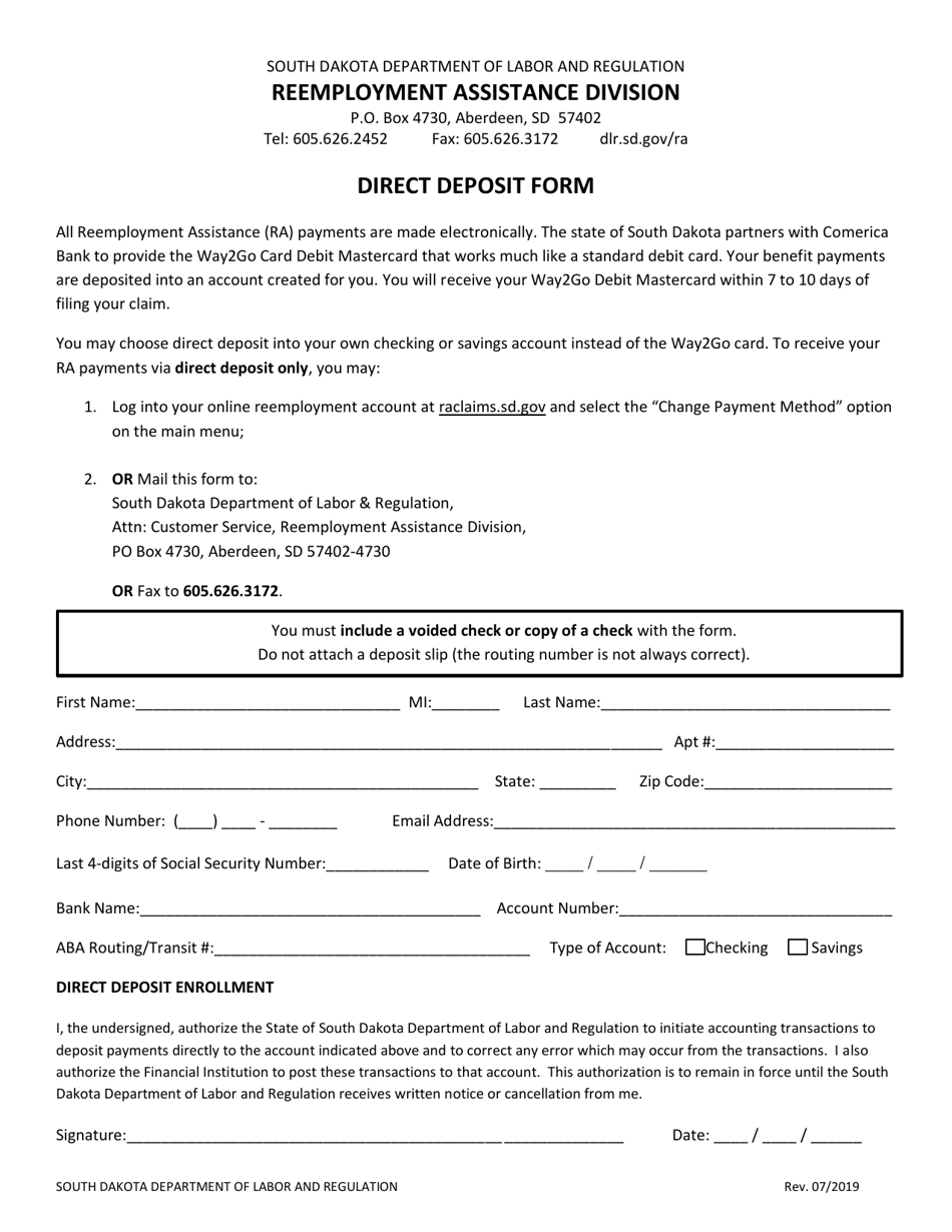 south dakota direct deposit form download printable pdf templateroller