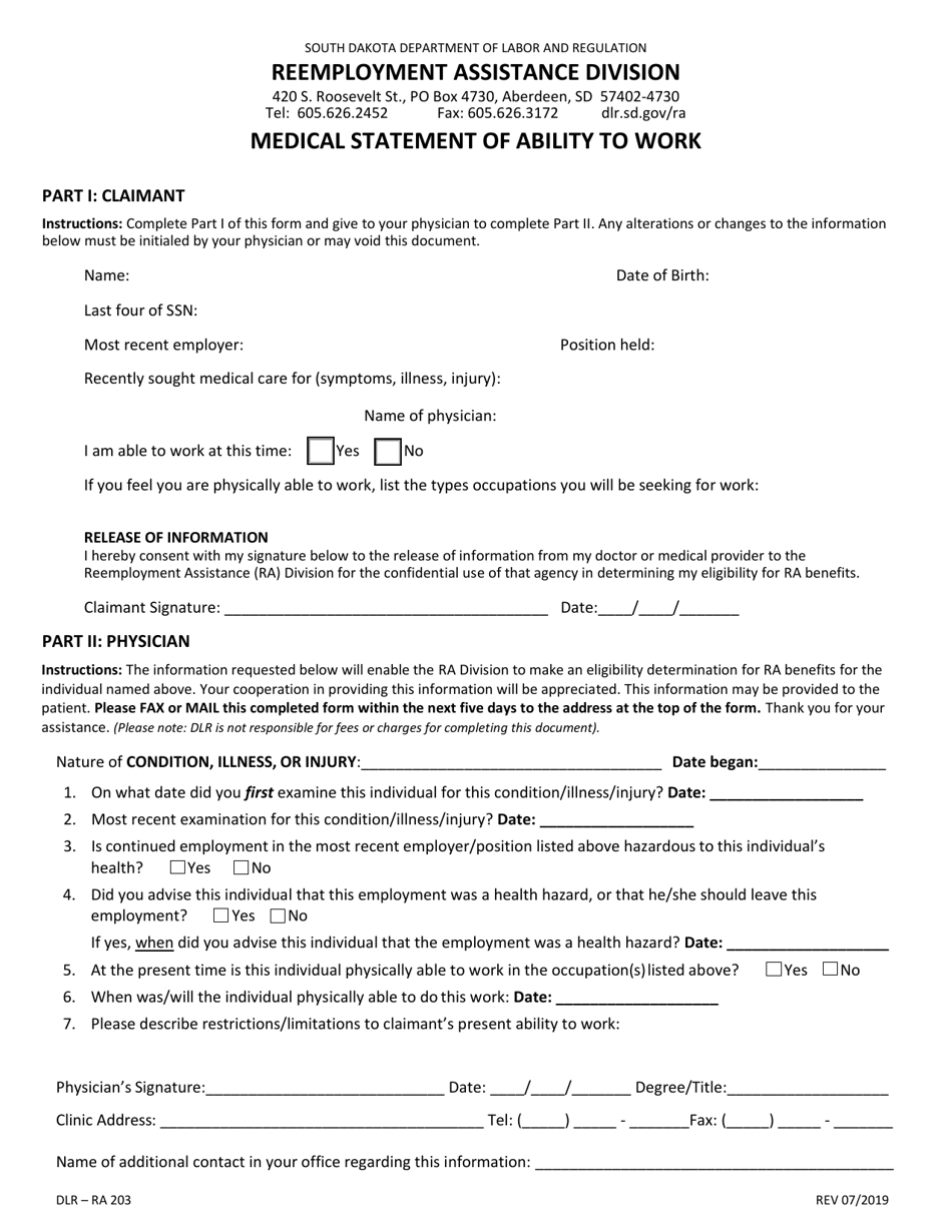 Form DLR-RA203 Medical Statement of Ability to Work - South Dakota, Page 1