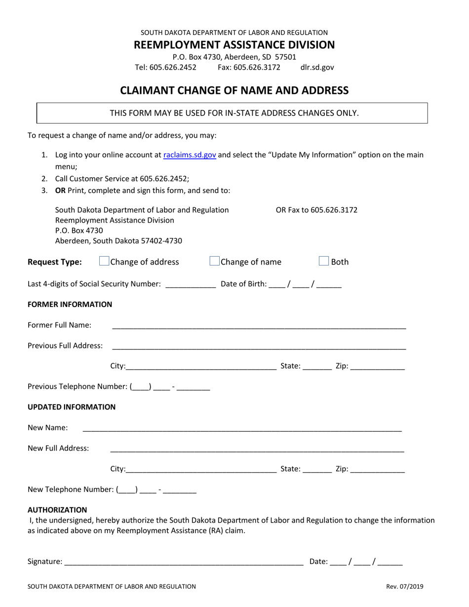 South Dakota Claimant Change of Name and Address Fill Out, Sign