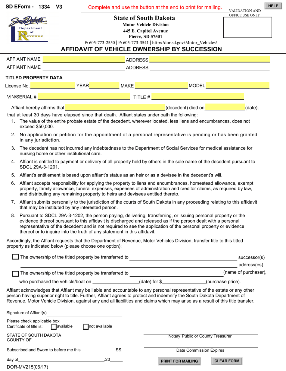SD Form 1334 (DOR-MV215) Affidavit of Vehicle Ownership by Succession - South Dakota, Page 1