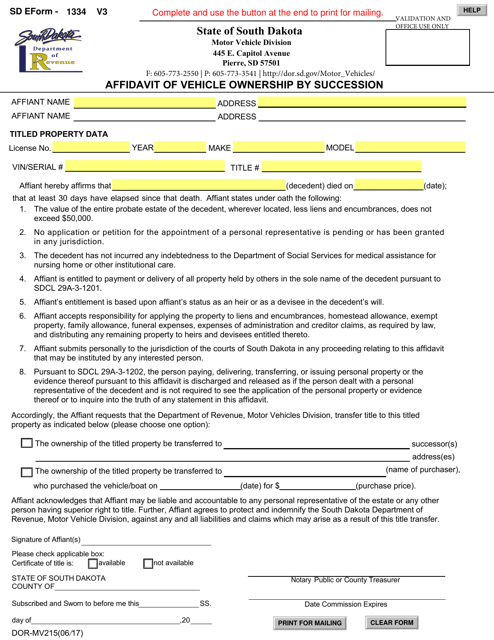 SD Form 1334 (DOR-MV215) Affidavit of Vehicle Ownership by Succession - South Dakota