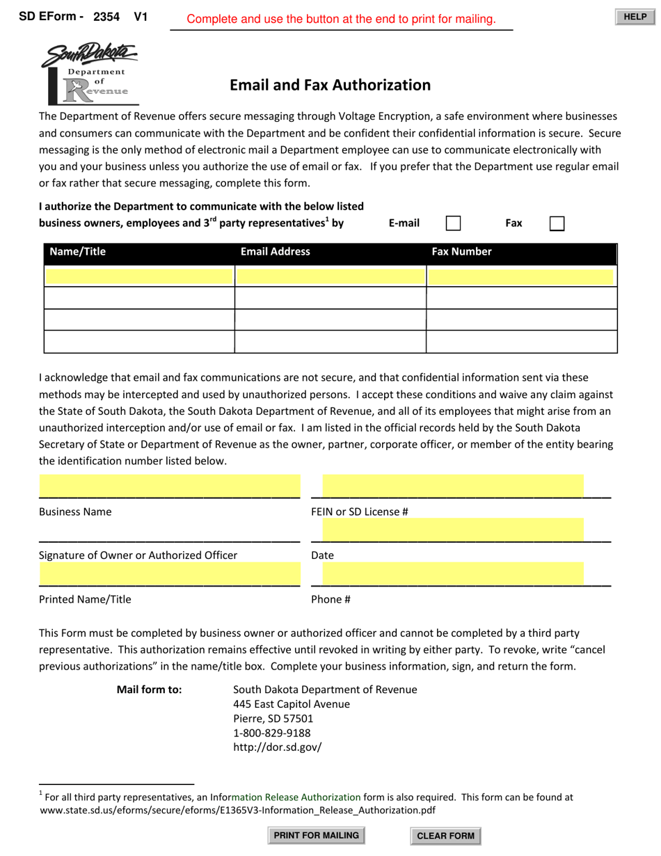 SD Form 2354 Email and Fax Authorization - South Dakota, Page 1