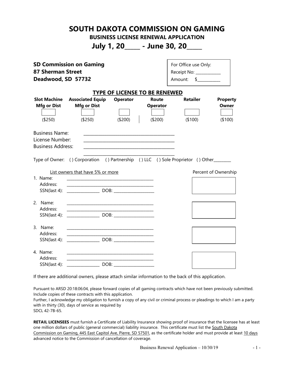 Business License Renewal Application - South Dakota, Page 1
