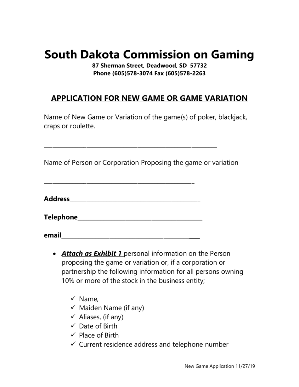 Application for New Game or Game Variation - South Dakota, Page 1