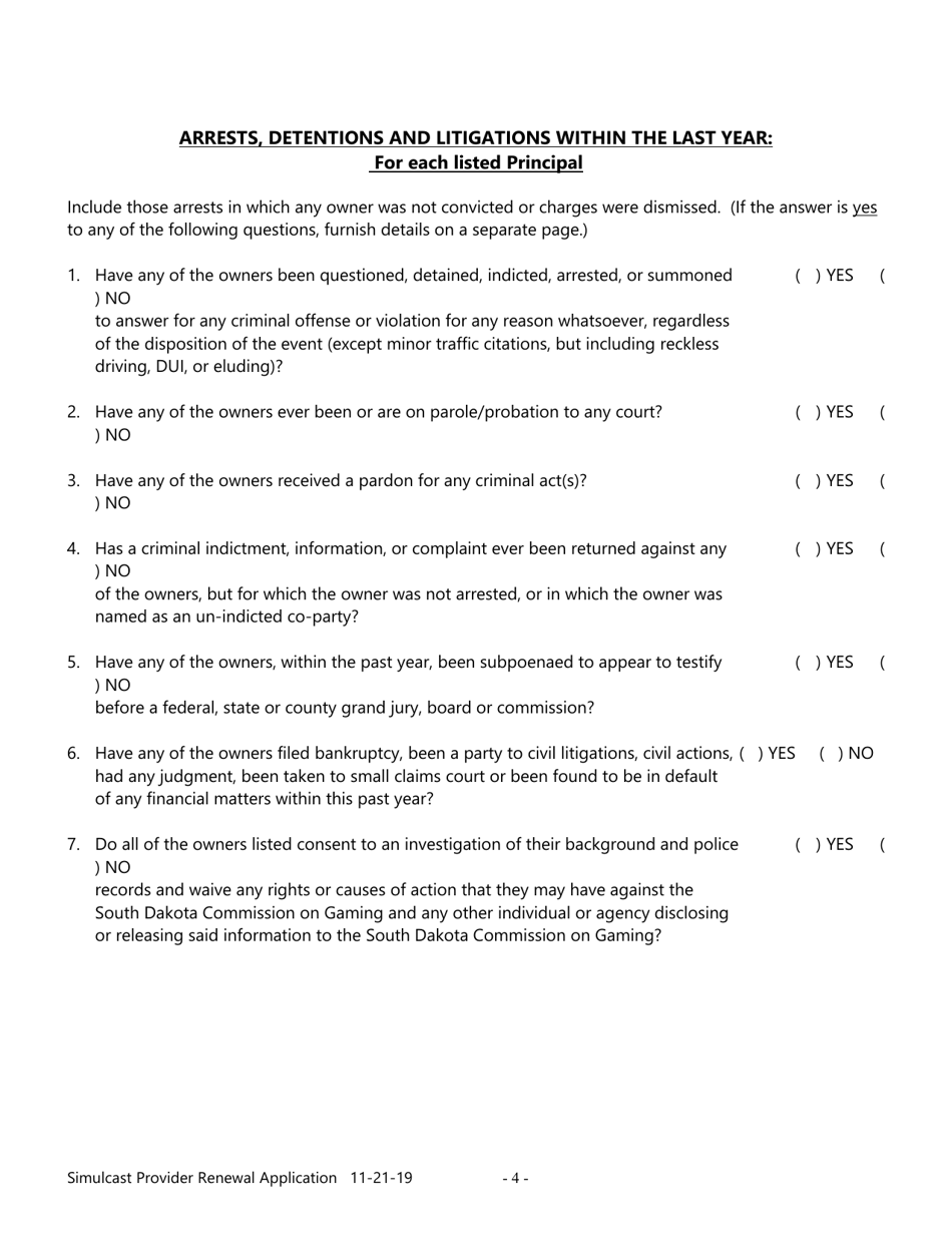 Simulcast Provider Renewal Application - South Dakota, Page 4