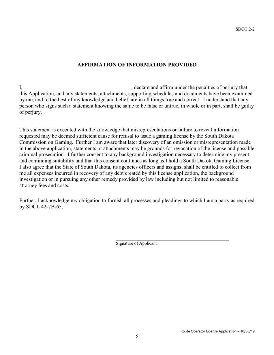 Route Operator License Application - South Dakota, Page 5