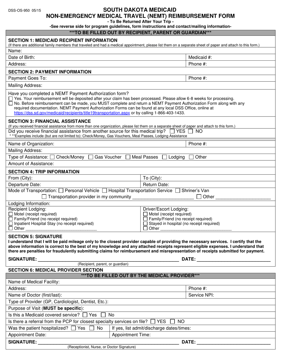 Form DSS-OS-950 Non-emergency Medical Travel (Nemt) Reimbursement Form - South Dakota, Page 1