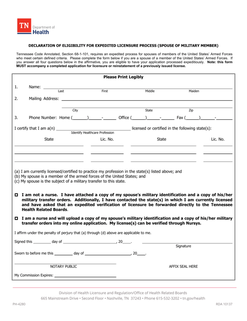 Form PH-4280 Declaration of Eligibility for Expedited Licensure Process (Spouse of Military Member) - Tennessee