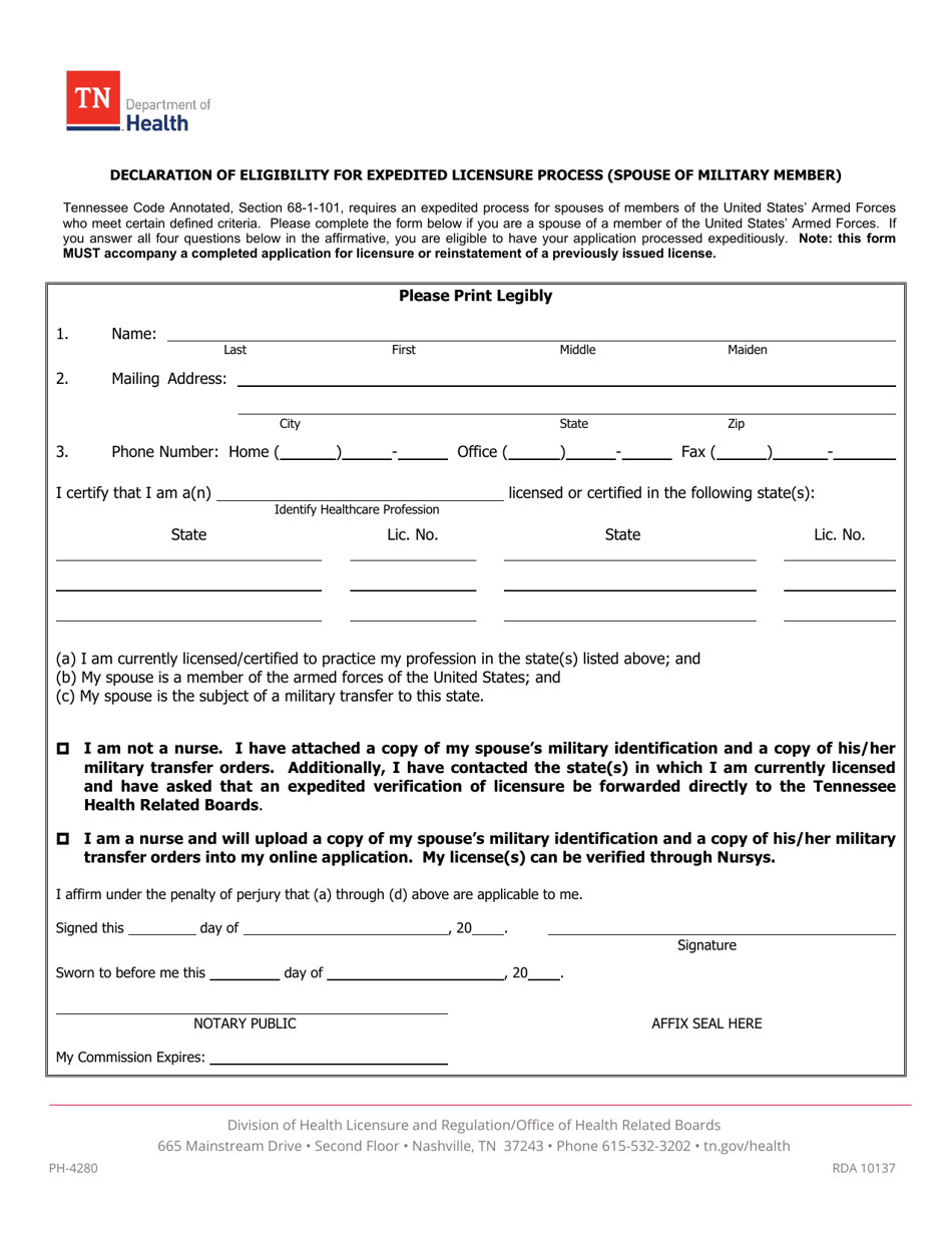 Form PH-4280 Declaration of Eligibility for Expedited Licensure Process (Spouse of Military Member) - Tennessee, Page 1