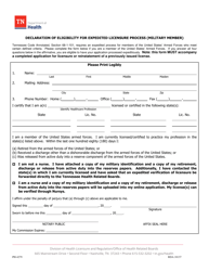 Document preview: Form PH-4279 Declaration of Eligibility for Expedited Licensure Process (Military Member) - Tennessee