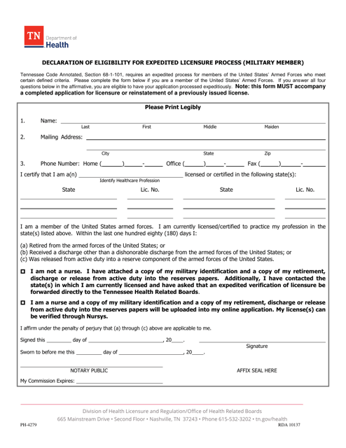 Form PH-4279 Declaration of Eligibility for Expedited Licensure Process (Military Member) - Tennessee
