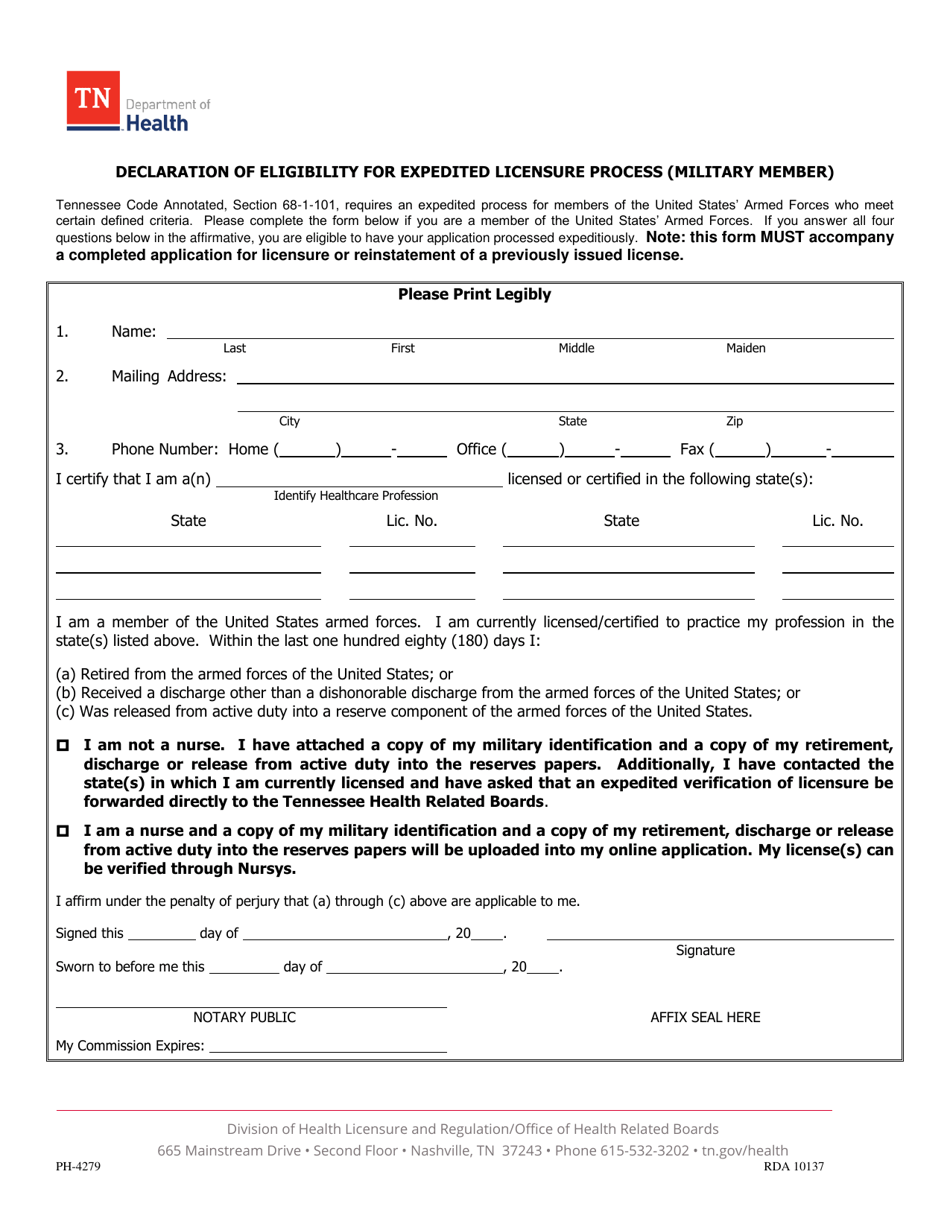 Form PH-4279 Declaration of Eligibility for Expedited Licensure Process (Military Member) - Tennessee, Page 1