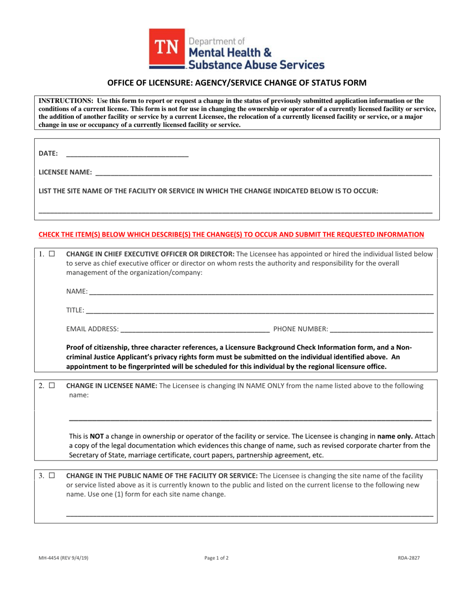Form MH-4454 Office of Licensure: Agency / Service Change of Status Form - Tennessee, Page 1