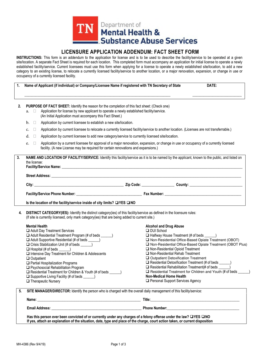 Form MH-4386 Licensure Application Addendum: Fact Sheet Form - Tennessee, Page 1