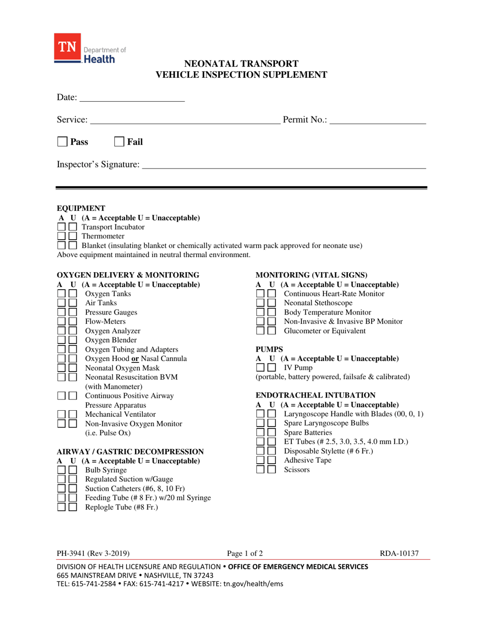 Form PH-3941 Neonatal Transport Vehicle Inspection Supplement - Tennessee, Page 1